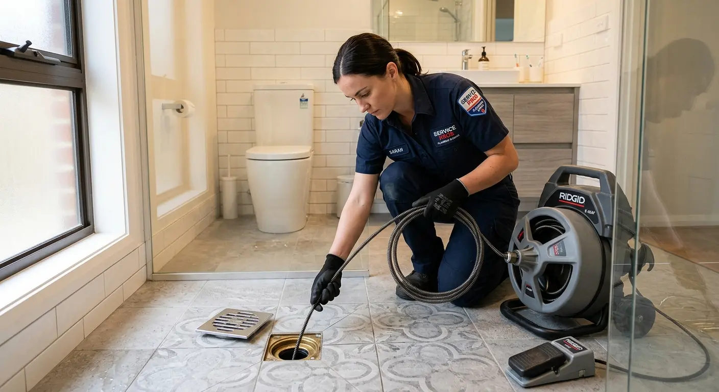 Technician clearing a bathroom floor drain for Hydro Jetting in Rochester